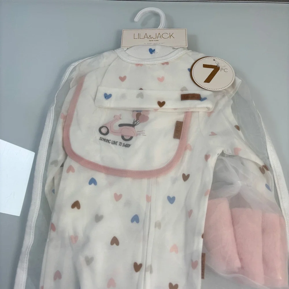 Lila & Jack Girls 6-9M White Heart 7PC Layette Set NWT Footie Bodysuit Bib Hat